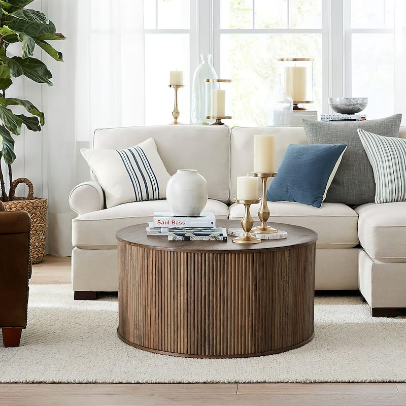 31.5" Round Solid Wood Coffee Table with Fluted Base, Rustic Modern Center Table