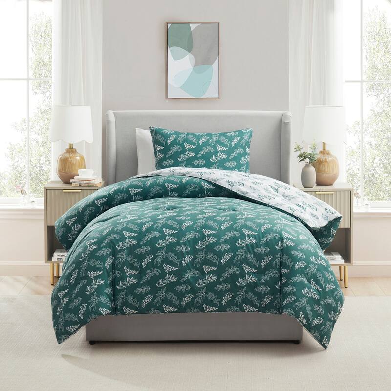 Empyrean 3PC Reversible Botanical Printed Comforter Bedding Set - Gentle Pine - Twin
