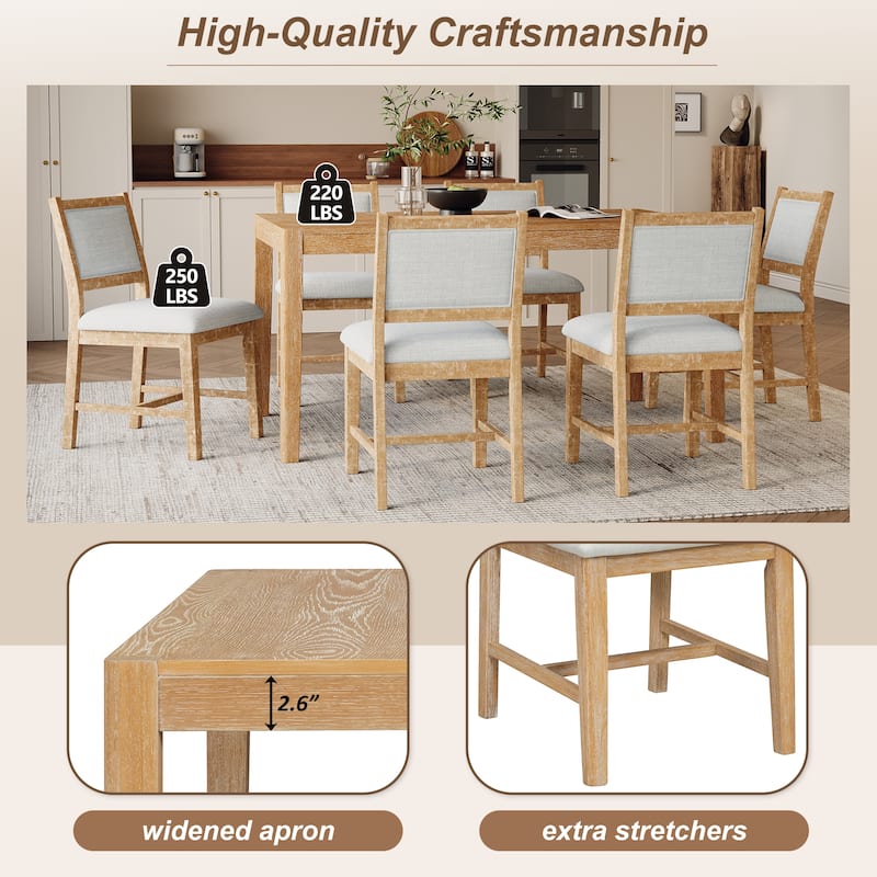 7-Piece Retro Farmhouse Dining Table Set, 59.8" Wood Rectangular Table with 6 Upholstered Chairs for Dining Room