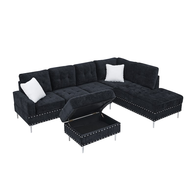 Chenille 3 Seater Couch L-shaped Sectional Sofa with Reversible Chaise, Storage Ottoman, Metal Legs, Copper Nails and 2 Pillows