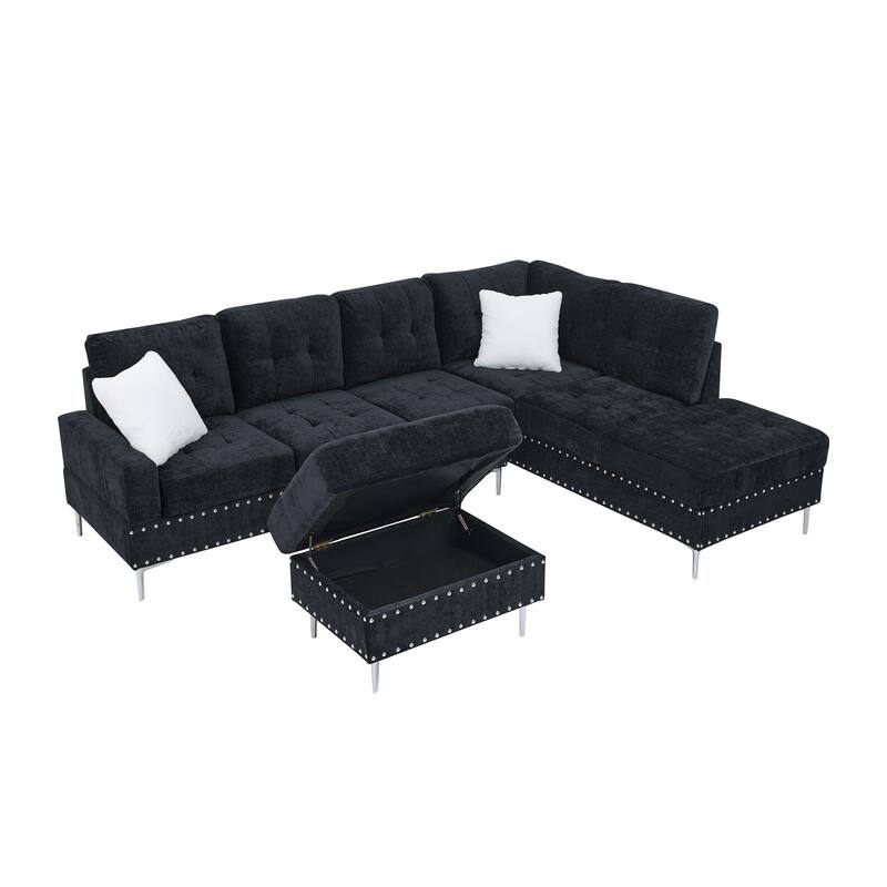 Roomfitters Sectional 3-Seater Sofa with Chaise, Storage Ottoman, Metal Legs, Nailhead Trim and Two Pillows