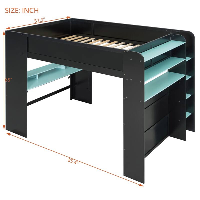 Roomfitters Full Size Loft Bed with Adjustable Desk, Wardrobe Storage, and RGB Lighting