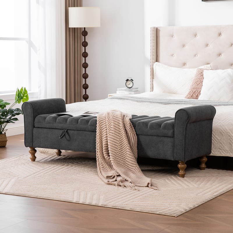 65.6"W Upholstered Storage Bench With Rolled Armrest, Rubberwood Legs