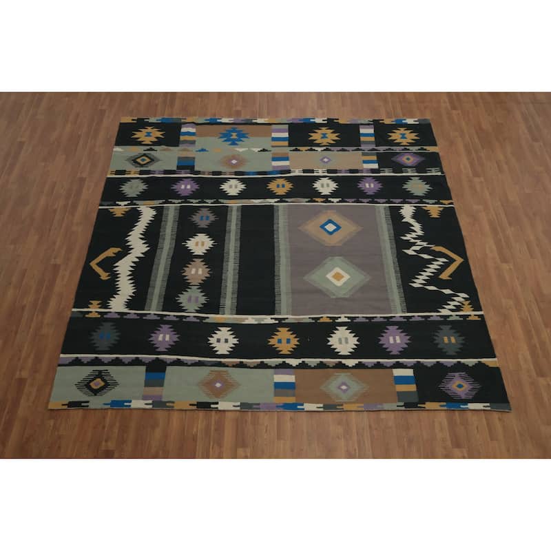 Hand Woven Oriental 100% Wool Carpet Southwestern Tribal Black Kilim Area Rug - 10' 2'' X 9' 10''