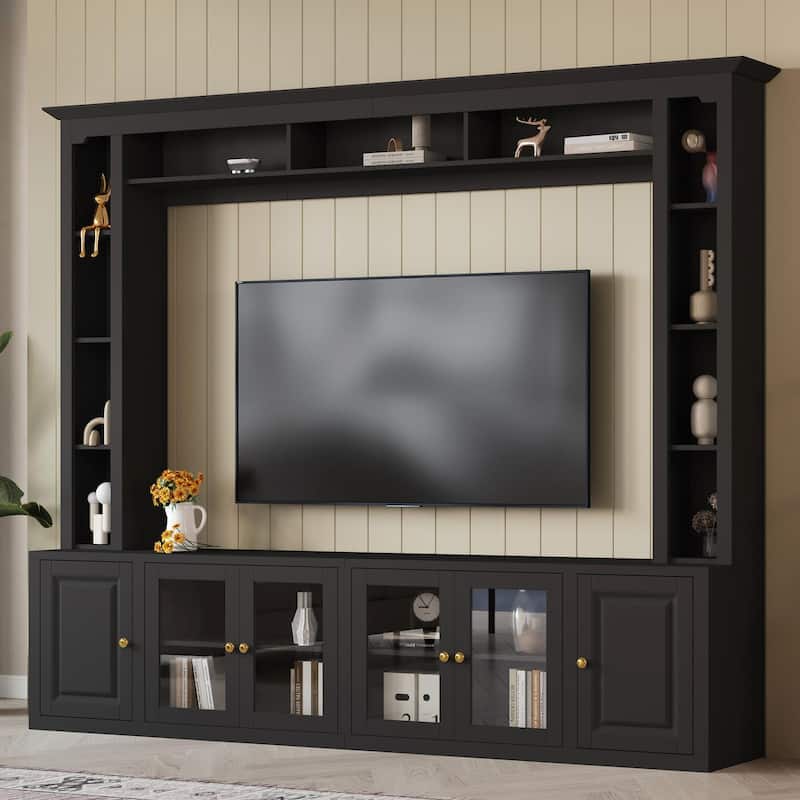 92 inch Media Console TV Stand for TVs up to 80", Modern Entertainment Wall Unit with Bookshelves & Tempered Glass Doors - Black