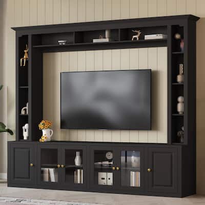 Entertainment Center Wall Unit Set with Bookshelves, Large 92" TV Stand with Glass Doors & Adjustable Shelves, for TVs Up to 80"