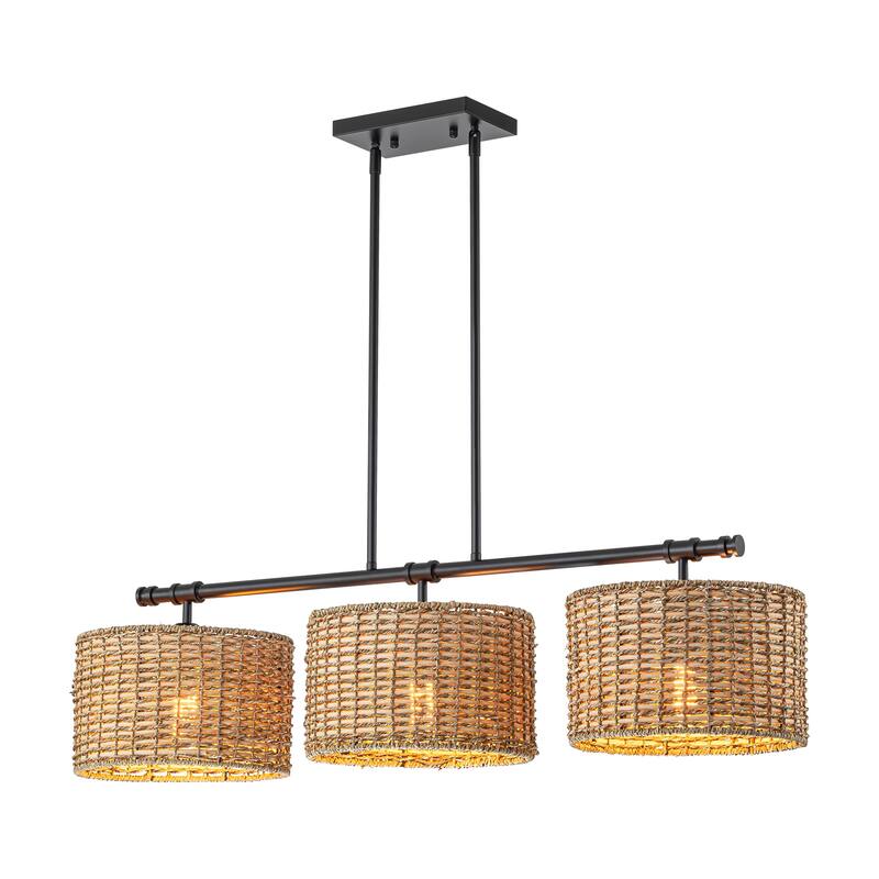 3-Light Modern Farmhouse Black Linear Drum Handwoven Rattan Pendant Light for Kitchen Island