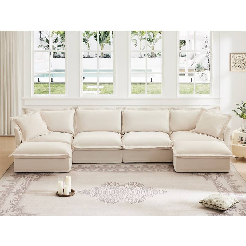 Modern 4 Seater Upholstered Sofa with 2 Ottomans and 2 Pillows