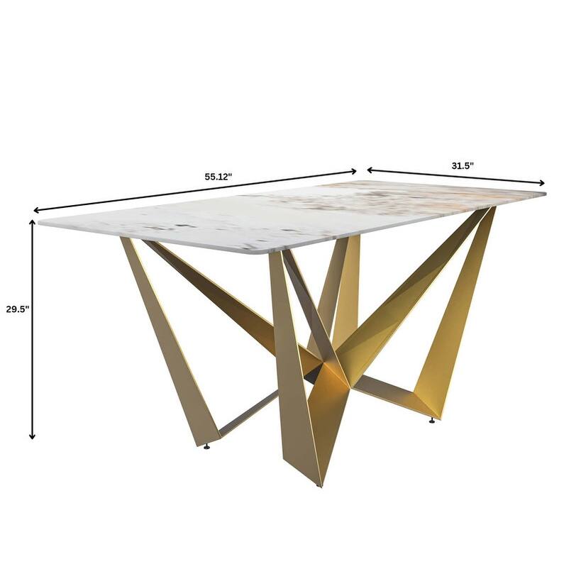 Nuvor Rectangular Sintered Stone or Glass Tabletop Dining Table with Powder-Coated Gold Steel Base for Kitchens & Dining Rooms