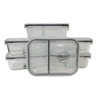 Mason Craft & More 33oz Rectangular 2.5 Section Glass Food Storage with Gray Gasket - Set of 6