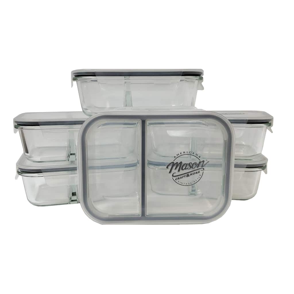 Mason Craft & More 33oz Rectangular 2.5 Section Glass Food Storage with Gray Gasket - Set of 6