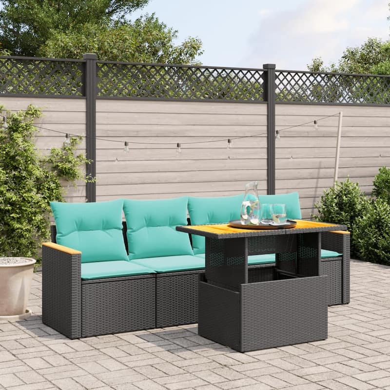 vidaXL Patio Sofa Set with Cushions Outdoor Furniture 5 Piece Poly Rattan - Black - 24.4 x 24.4 x 27.2