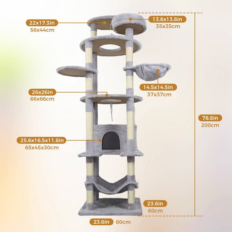 78.8 in Dark Gray Cat Tree Tower with Wide Base, 12 Sisal Scratching Post, Big Hammock,Many landing Perch and Interactive toy