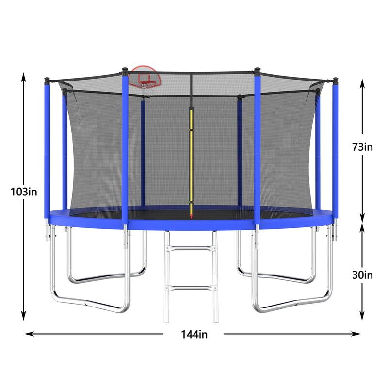 Outdoor Kids Trampoline with Basketball Hoop and Ladder, with Safety Enclosure for Backyard Fun - Blue - 12FT