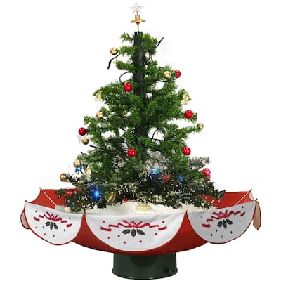 Christmas Time 29-In. Musical Snowy Indoor Holiday Decor, Green Christmas Tree with Red Umbrella Base