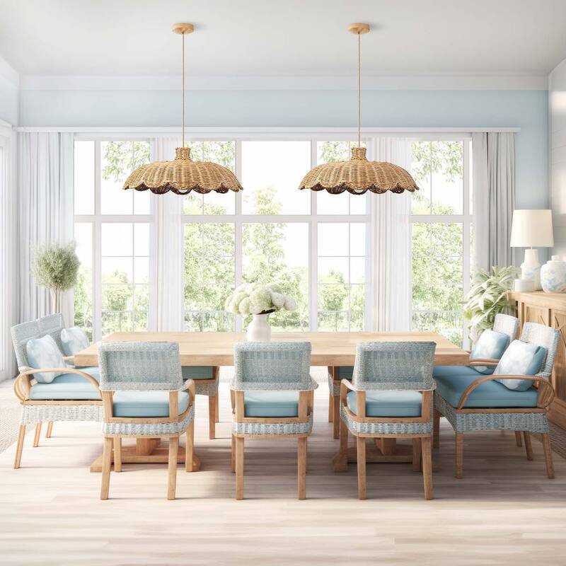 Aurelia Rattan Pendant Light - Natural Hardwired Light Fixture for Kitchen Island or Dining Room in Boho or Coastal Style