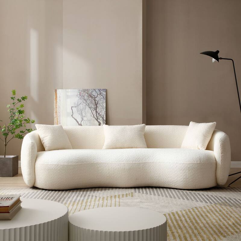 Minimalist Curved Sofa with Pillows - Soft Corduroy or Cozy Polar Fleece Upholstery - Beige-3 pillows