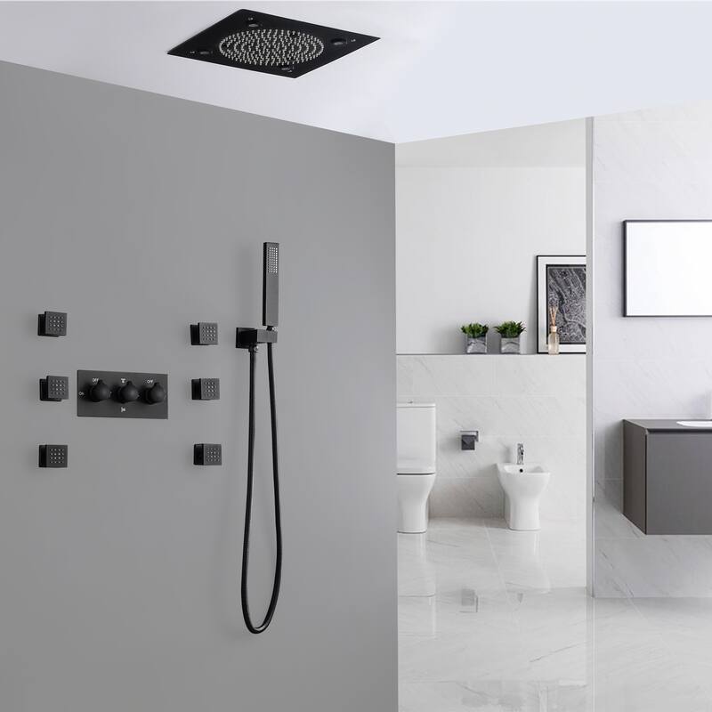 Luxury Ceiling Mounted 9-color LED 4-Way Complete Rain and Spray Shower System with 6 Body Jets and Showerhead - Black