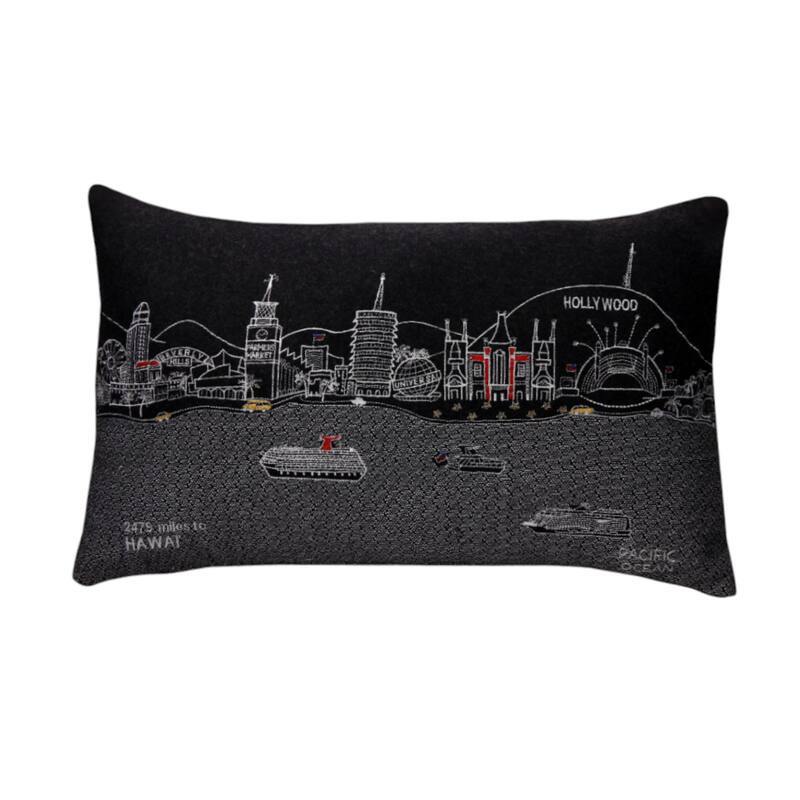 HomeRoots 25" Black Los Angeles Nighttime Skyline Lumbar Decorative Pillow