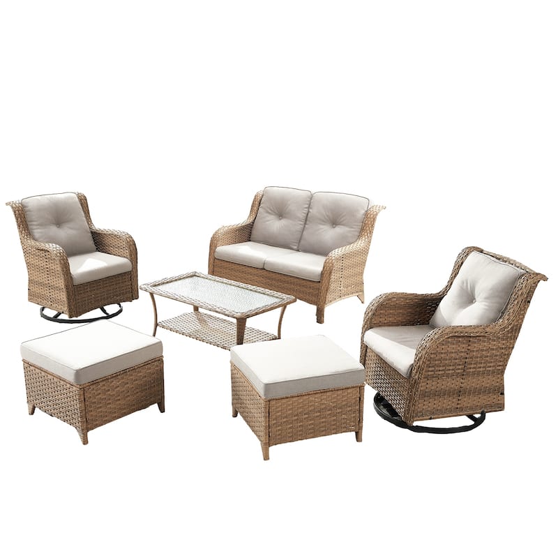 Pocassy Outdoor 6 Pieces 2-Seat Sofa Swivel Chairs Table Ottoman