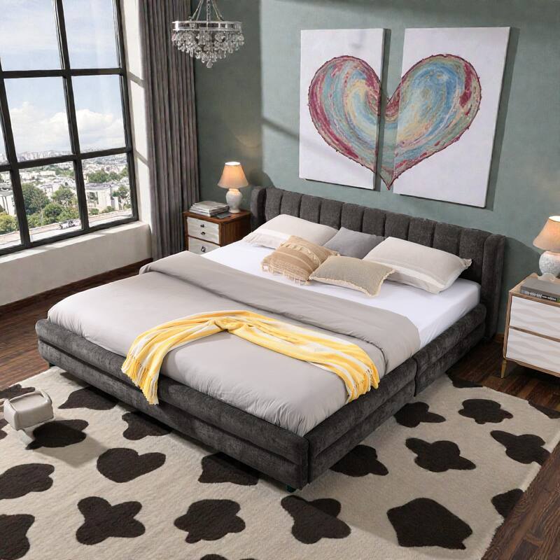 King Upholstered Bed Frame with Chenille Fabric, Soft Headboard and Underbed Storage Drawer, Modern Platform Design