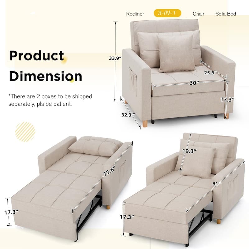 AECOJOY Adjustable Sleeper Chair Bed 3-in-1 Convertible Futon Sofa