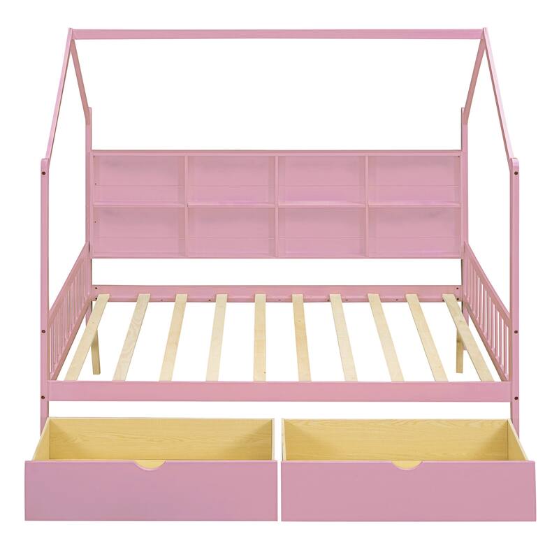 Wooden House Bed with 2 Drawers, Kids Bed with Storage Shelf