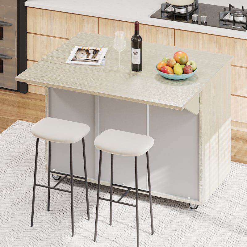 Modern 51.2" Kitchen Island with Drop Leaf and Handwoven Ash Veneer Doors, Internal Storage Racks on Wheels