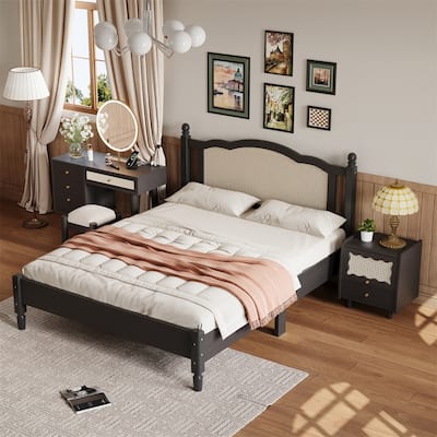 3 Pieces Bedroom Set with Full/Queen Size Wooden Platform Bed Frame, 1 Vintage Nightstand and 1 Makeup Vanity Set with Stool