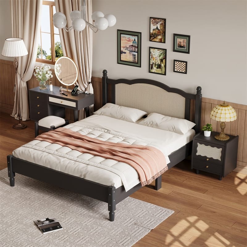 3 Pieces Bedroom Set with Full/Queen Size Wooden Platform Bed Frame, 1 Vintage Nightstand and 1 Makeup Vanity Set with Stool