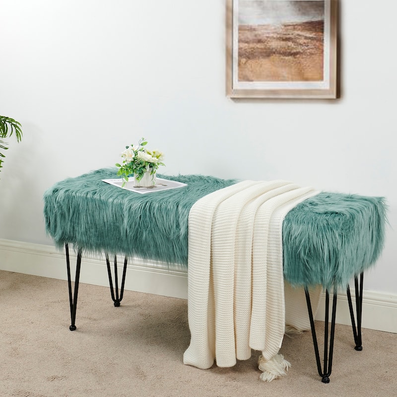Home Soft Things Mongolian Fauxfur Ottoman 46"x16"x22" with Table Legs - 46" x 16" x 22" - Oil Blue