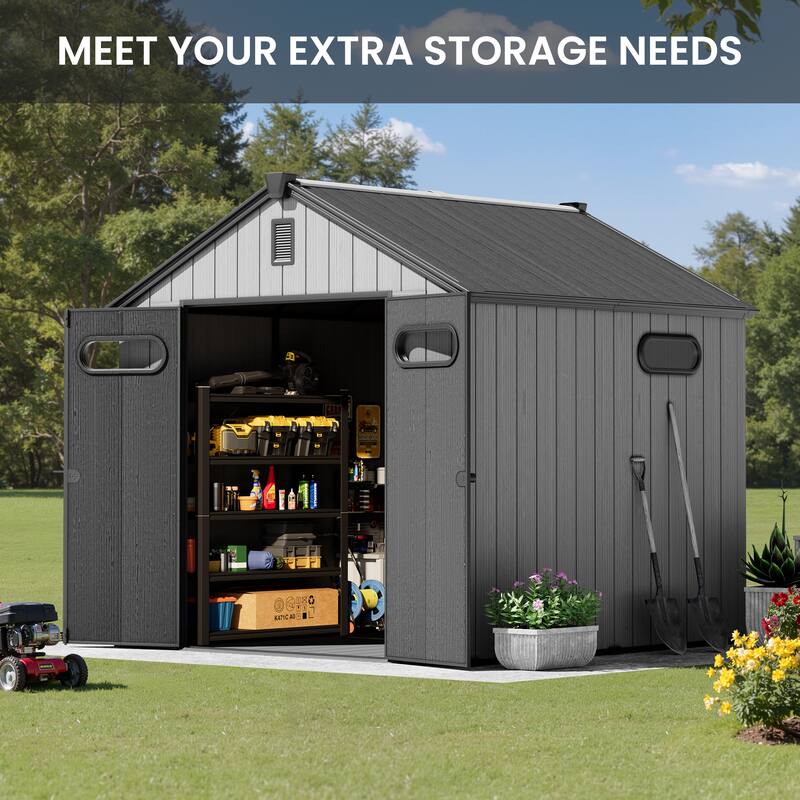 8' x 8' / 8' x 10'/ 8' x 12' Outdoor Resin Storage Shed with Lockable Doors and Air Vents for Garden