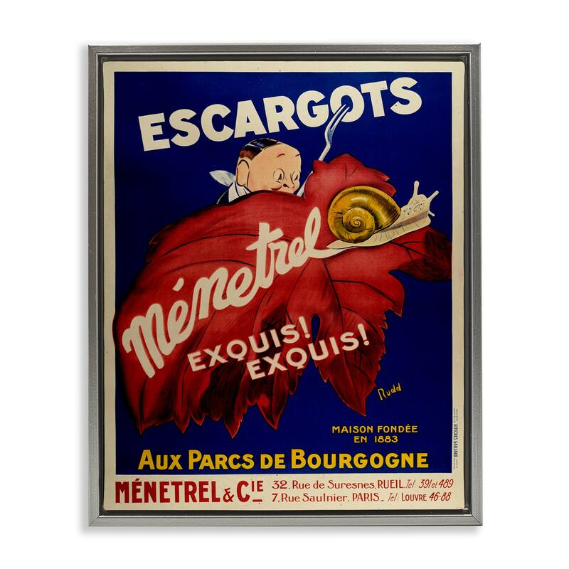 Stupell Vintage Escargots Advertisement Framed Floater Canvas Wall Art Design By Marcus Jules - 17 x 21 - Grey