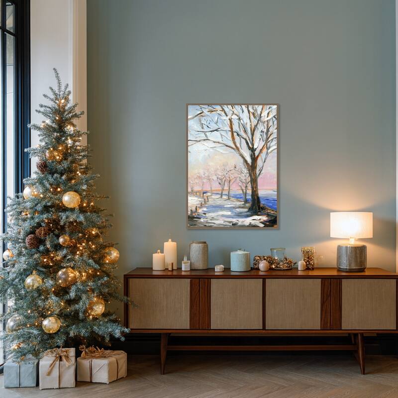 Lakeside in Winter by Sandra Iafrate Framed Canvas Wall Art Print - Sylvie Dark Gold