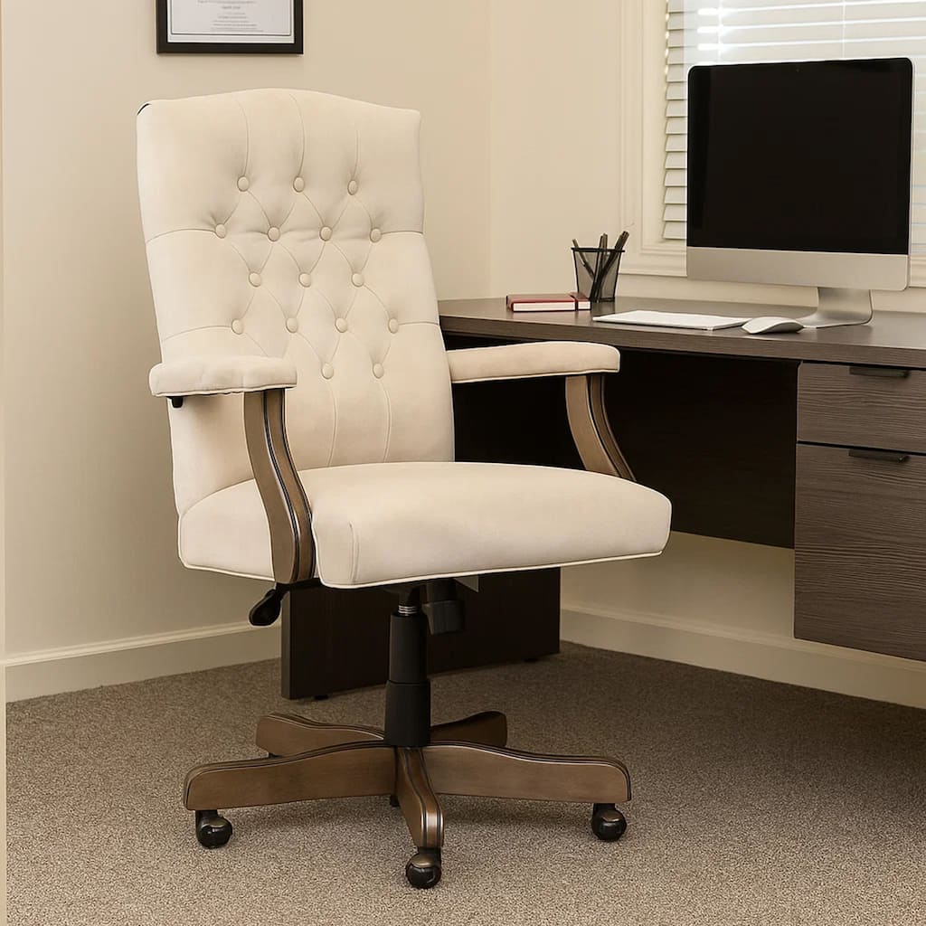 Jake Executive Armchair with Driftwood Finish, Champagne Tufted Velvet