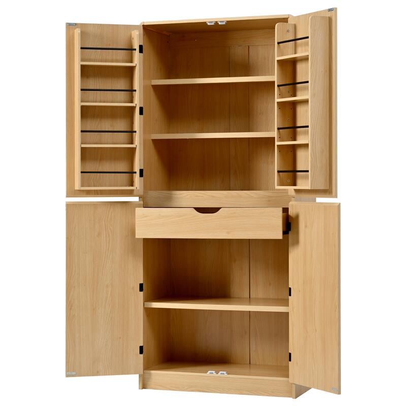 Farmhouse Kitchen Pantry Cabinet Storage Cupboard with 8 Door Shelves, 3 Adjustable Interior Shelves, Hidden Drawer