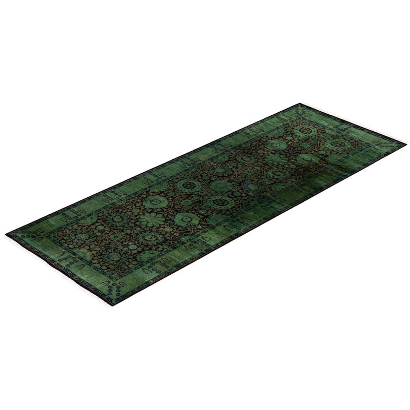 Overton Hand Knotted Wool Vintage Inspired Modern Contemporary Overdyed Green Runner Rug - 3' 3" x 8' 7"