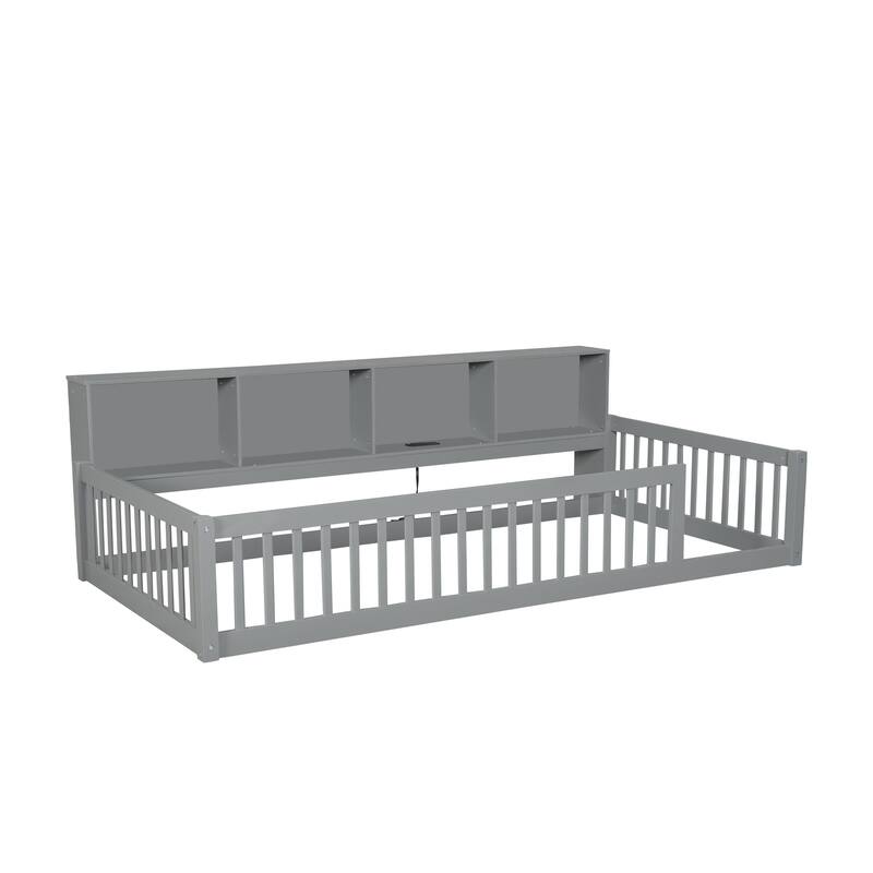 Twin XL Size Floor Bed with Built-in Storage Cabinets, USB Ports, and Charging Station, Perfect for Kids and Small Rooms