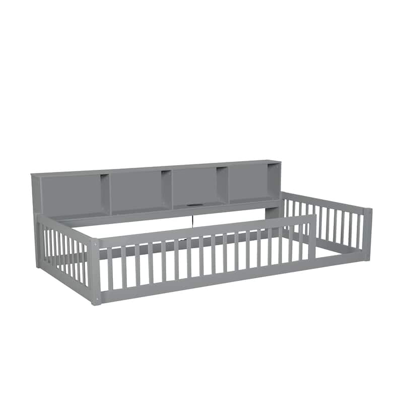 Wood Twin XL Size Floor Bed with Storage Cabinets and USB Ports