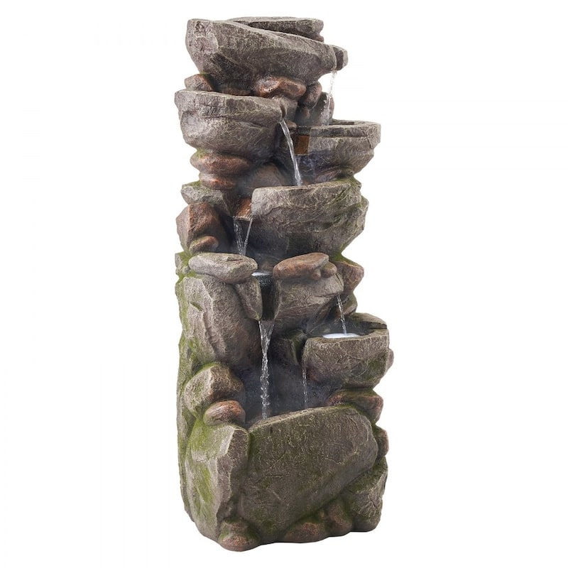 7-Tier Rock Style Yard Fountain with Soothing Water Sounds and LED Lights for Patio Decor - 14.96 x 11.42 x 38.98 in