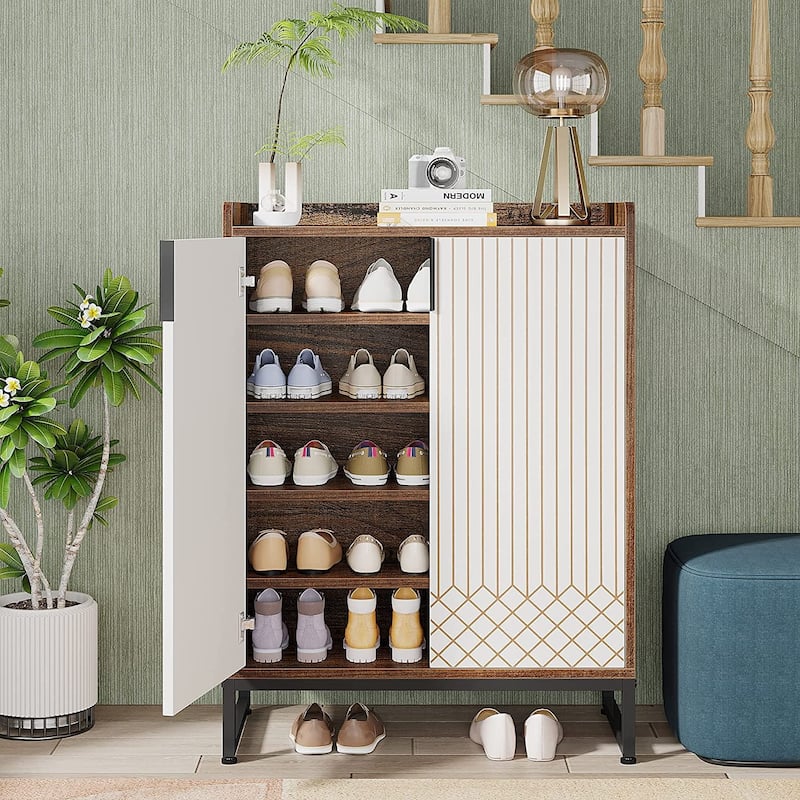 Sturdy 5-Tier Wood Shoe Cabinet with Doors for Entryway Hallway - Brown & White