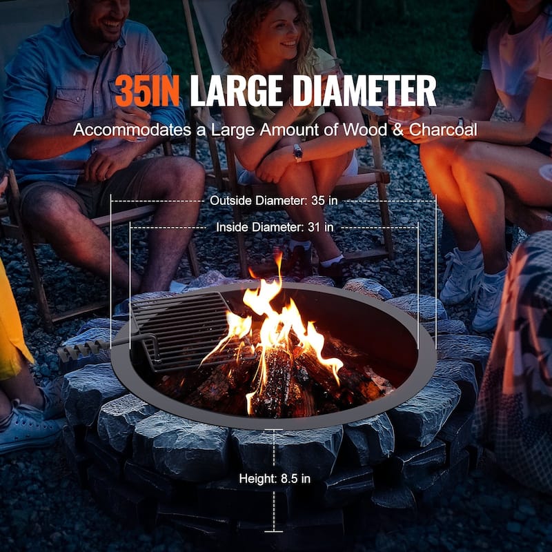 Black Carbon Steel Fire Pit Ring with BBQ Fire Ring, Swivel Grate - 34.84 x 34.84 x 13.15 in