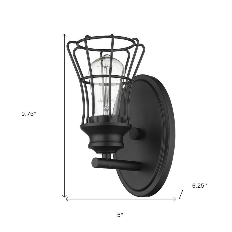 One Light Matte Black Flush Mount Industrial Cage Wall Sconce with Metal Shade and Hardwired for Indoor Use