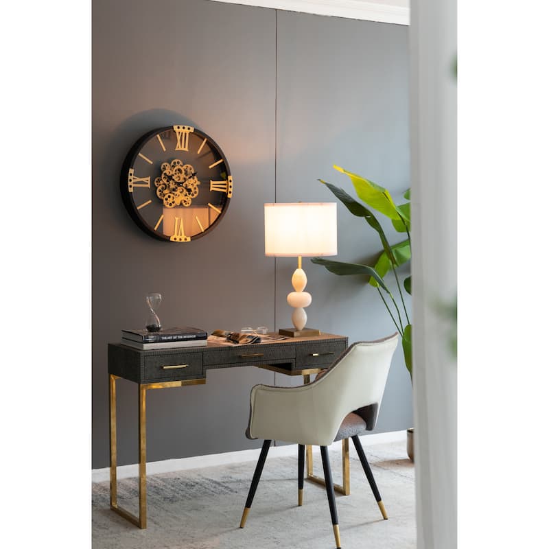 White and Gold Three Tiered Round Table Lamp with Drum Shade(Lamp Shade Assembly Required)