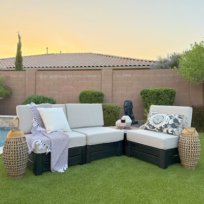 MAISON ARTS 3/4-Seat Outdoor Sectional Sofa, Patio Conversation Set with Wood Grain Table