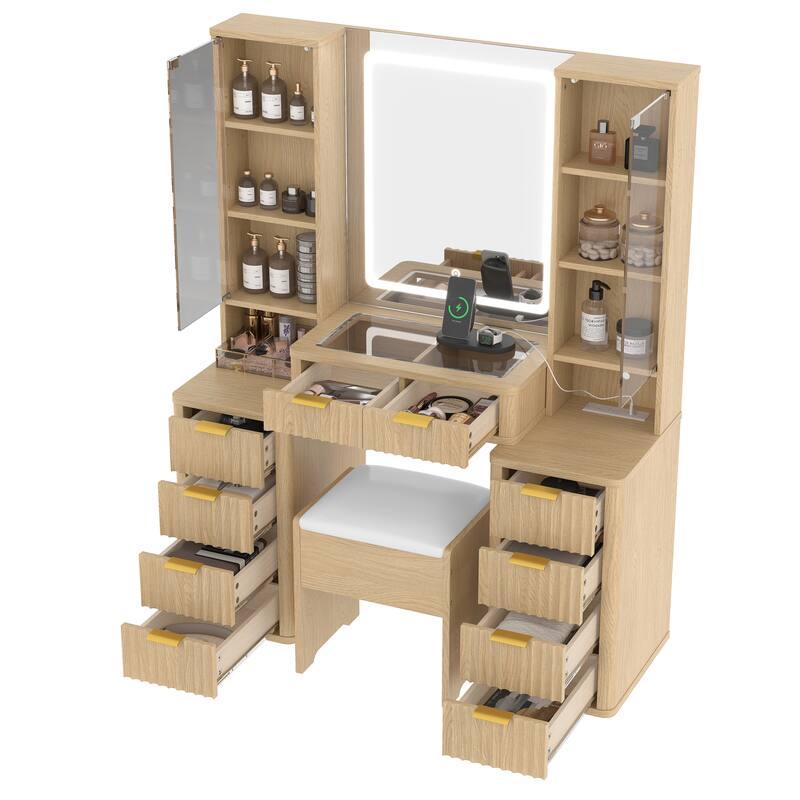 43.5" Fluted Makeup Vanity Desk with Mirror and Lights, with 10 Drawers & 2 Transparent Glass Cabinets