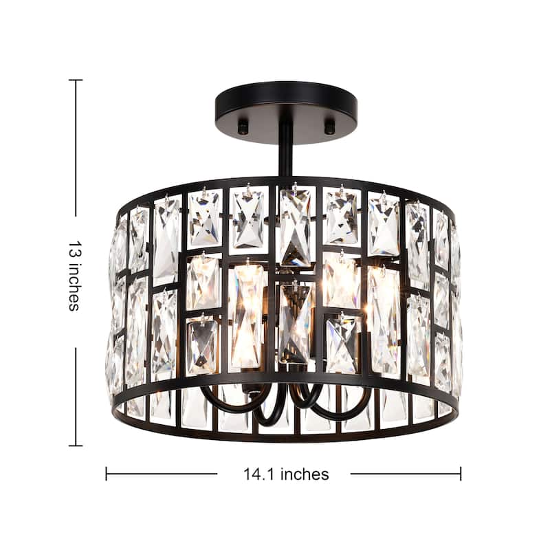 Justina 4-light Black Crystal Glass Prism Round Drum Shade Flush Mount - 14.1 inches in diameter x 13 inches H