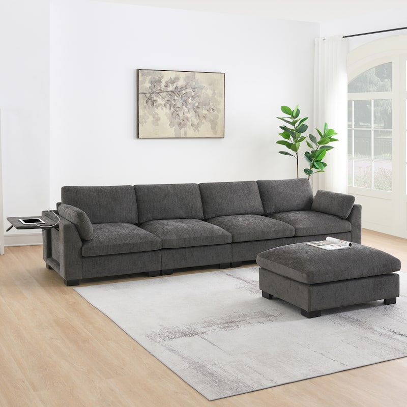 L-Shape Sectional Sofa with Folding Table, Dual-Port Charging, Side Pockets, 2 Pillows, Movable Ottoman, Chenille Modular Sofa