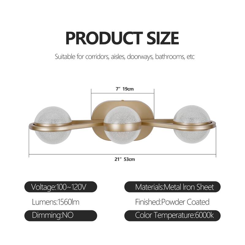 Bathroom Vanity Light, LED 3 Bulb Crystal Sand Acrylic Shades, Wall Mounted Decorative Lighting Fixture