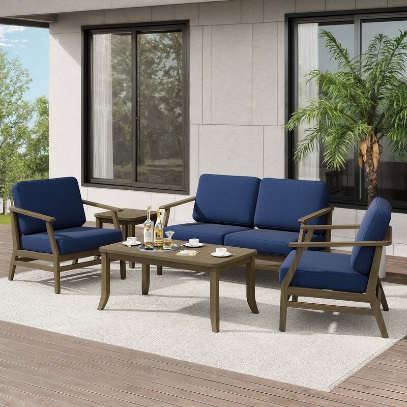 Teak Outdoor Patio Seating Set with Loveseat, Chairs and Tables (5-Piece) - Navy - Natural Wood